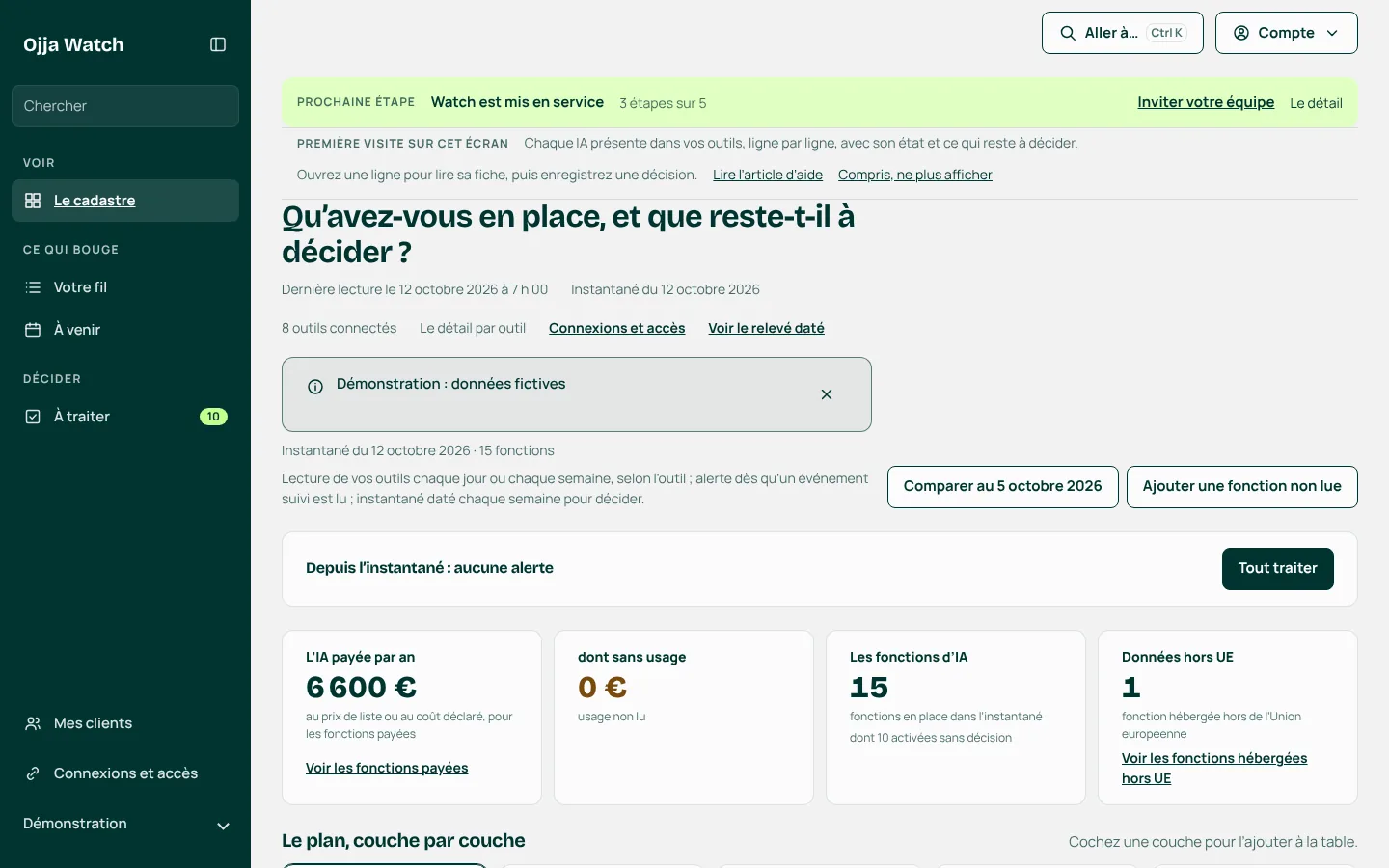 Capture du cadastre dans la démo : les fonctions d’IA en place, ce qui est payé et ce qui reste à décider.